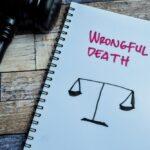 Notebook with the words “Wrongful Death,” a scales of justice drawing, and a judge’s gavel placed on a wooden surface